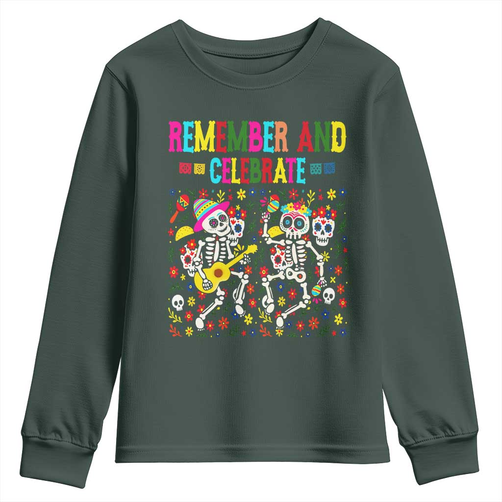 Dia De Los Muertos Skeleton Youth Sweatshirt Remember And Celebrate Mexican Festival TS12 Dark Forest Green Print Your Wear