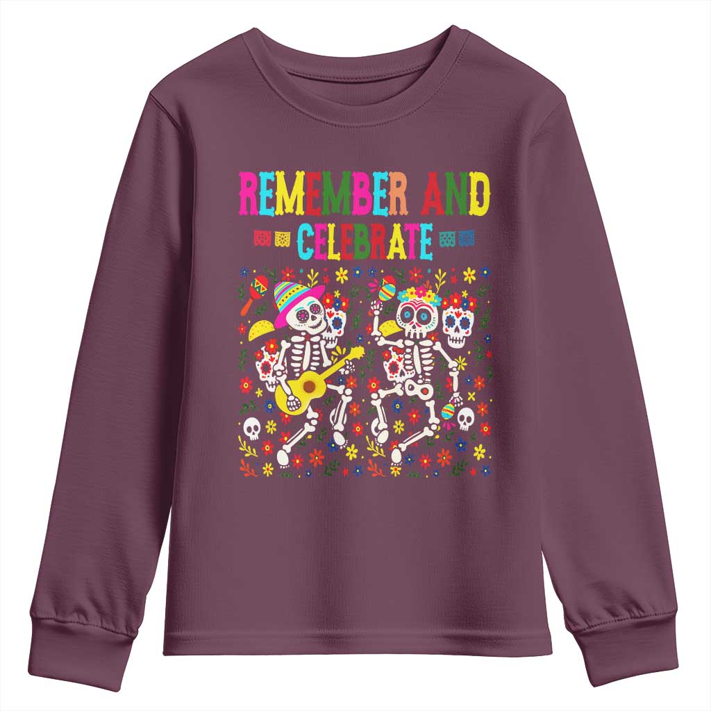 Dia De Los Muertos Skeleton Youth Sweatshirt Remember And Celebrate Mexican Festival TS12 Maroon Print Your Wear