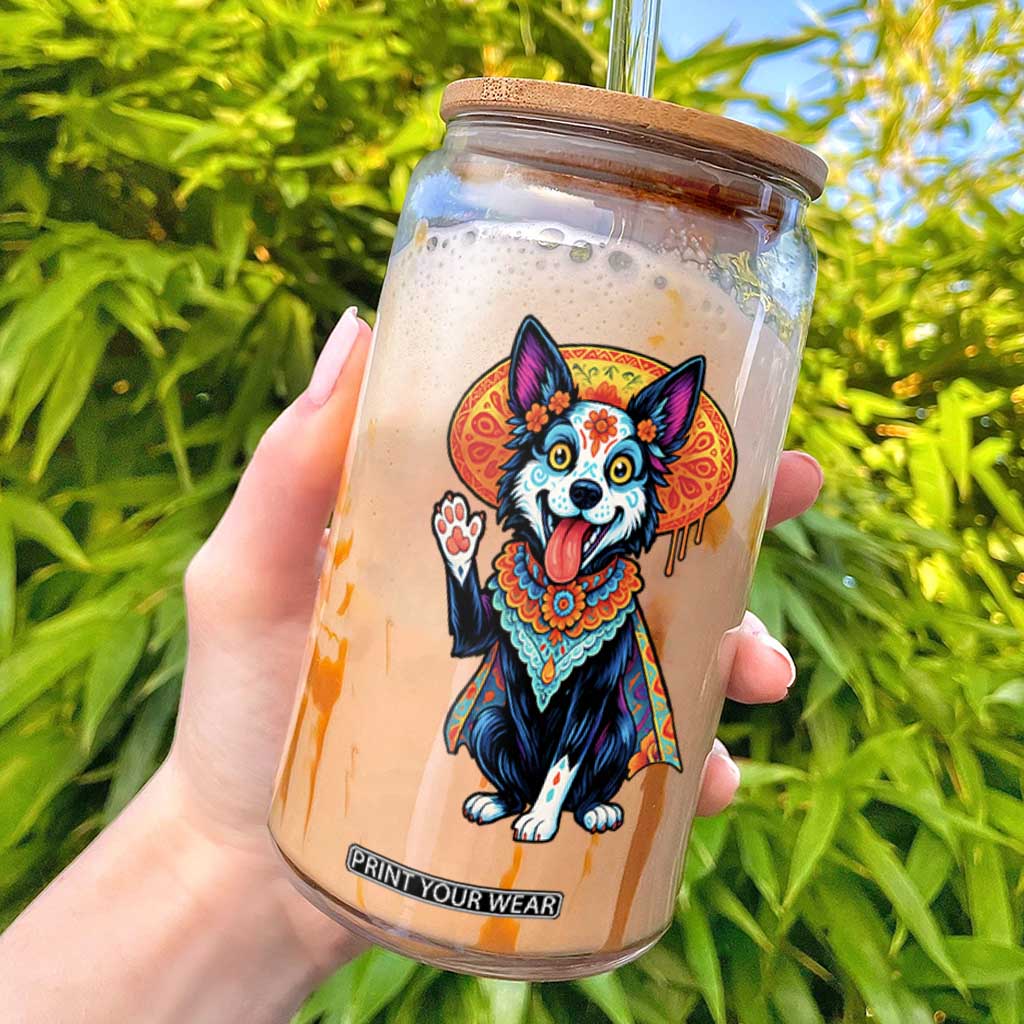 Dia De Los Muertos Border Collie Glass Can Sugar Skull Dog Day Of The Dead Gift TS12 White Print Your Wear
