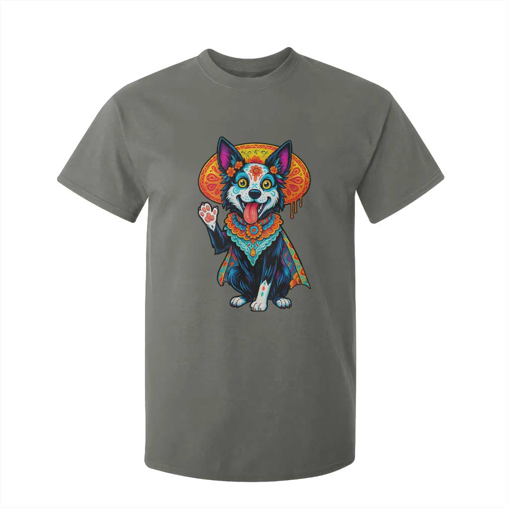 Dia De Los Muertos Border Collie T Shirt For Kid Sugar Skull Dog Day Of The Dead Gift TS12 Military Green Print Your Wear