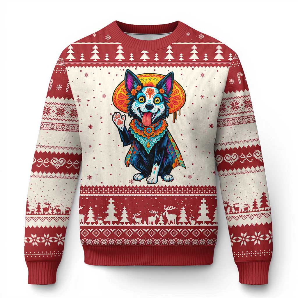Dia De Los Muertos Border Collie Ugly Christmas Sweater Sugar Skull Dog Day Of The Dead Gift TS12 Beige Red Print Your Wear