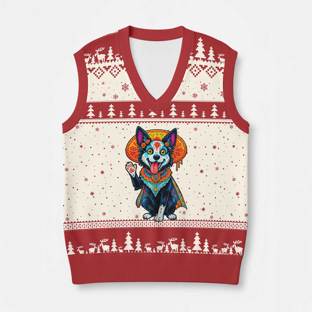 Dia De Los Muertos Border Collie V-Neck Knit Sweater Vest Sugar Skull Dog Day Of The Dead Gift TS12 Beige Red Print Your Wear