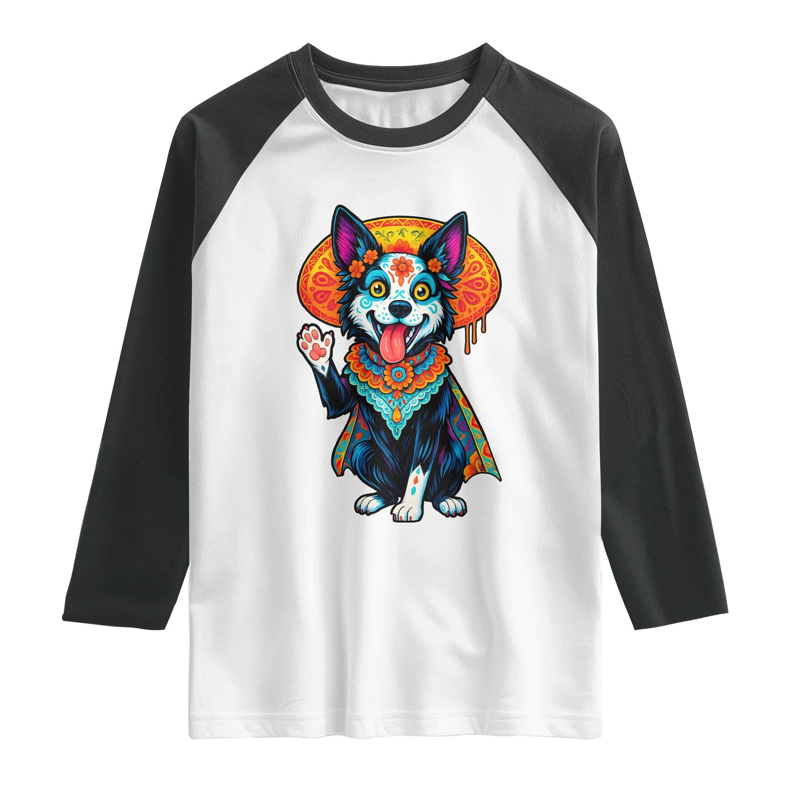 Dia De Los Muertos Border Collie Raglan Shirt Sugar Skull Dog Day Of The Dead Gift TS12 White Black Print Your Wear