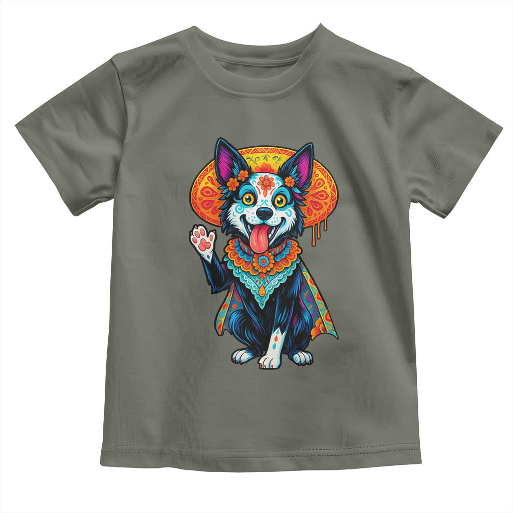 Dia De Los Muertos Border Collie Toddler T Shirt Sugar Skull Dog Day Of The Dead Gift TS12 Military Green Print Your Wear