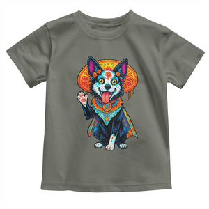 Dia De Los Muertos Border Collie Toddler T Shirt Sugar Skull Dog Day Of The Dead Gift TS12 Military Green Print Your Wear