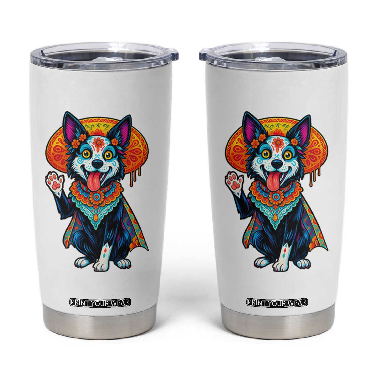 Dia De Los Muertos Border Collie Tumbler Cup Sugar Skull Dog Day Of The Dead Gift TS12 White Print Your Wear