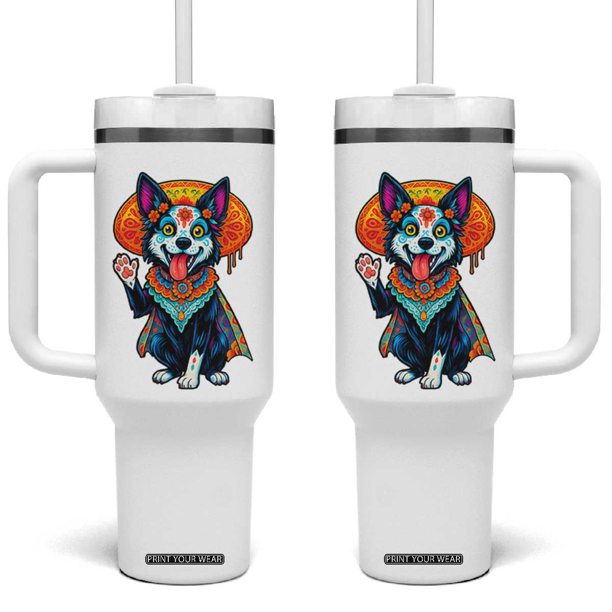 Dia De Los Muertos Border Collie Tumbler With Handle Sugar Skull Dog Day Of The Dead Gift TS12 One Size: 40 oz White Print Your Wear
