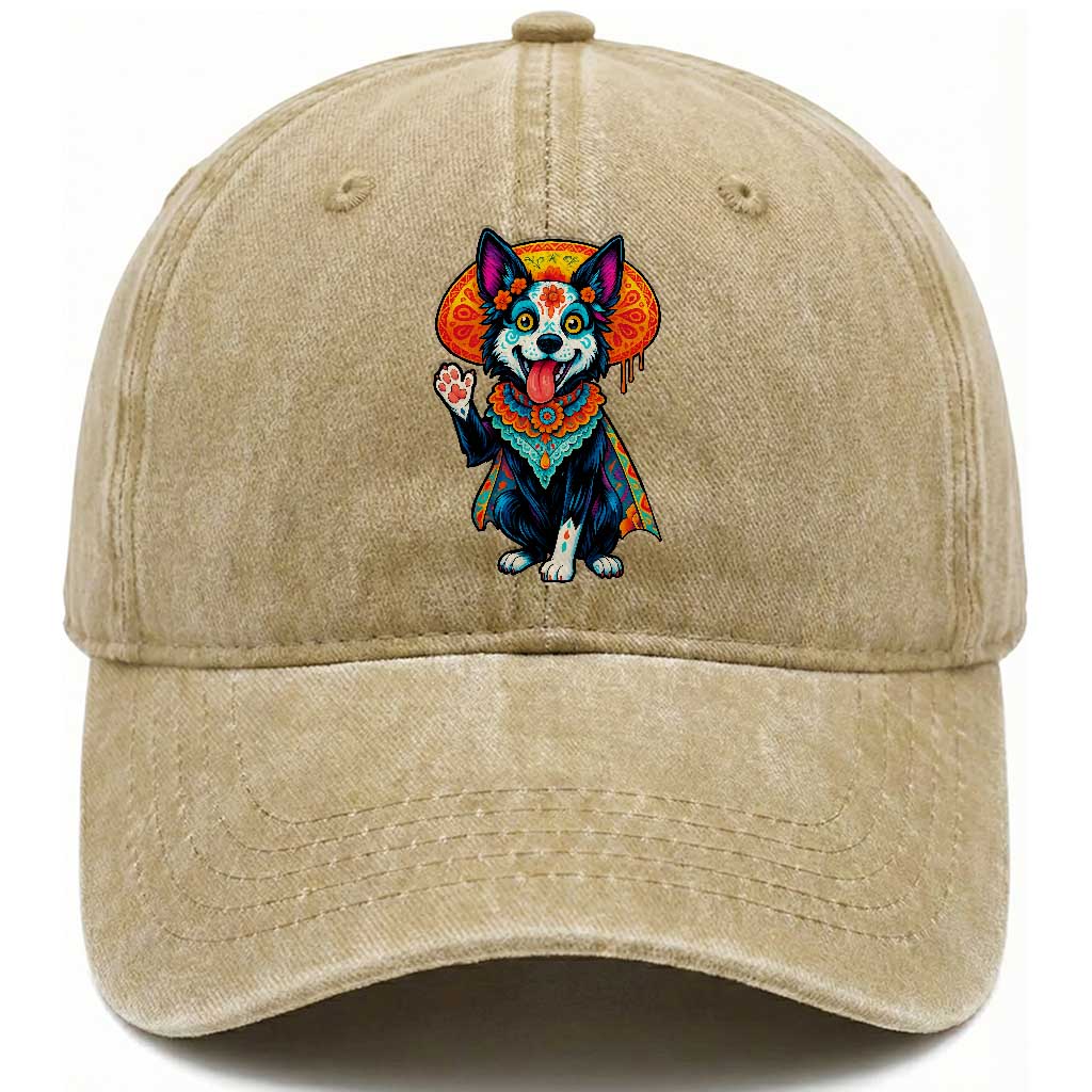 Dia De Los Muertos Border Collie Washed Cotton Baseball Cap Sugar Skull Dog Day Of The Dead Gift