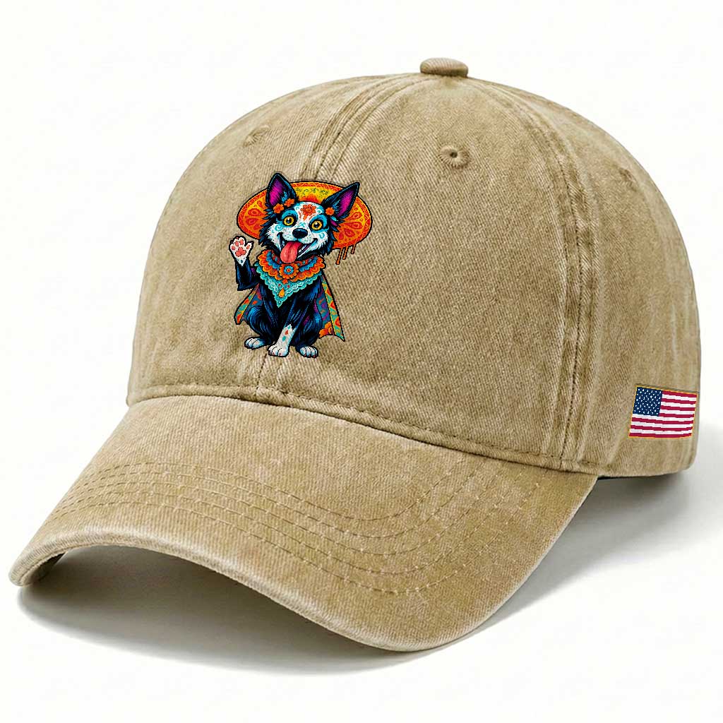 Dia De Los Muertos Border Collie Washed Cotton Baseball Cap Sugar Skull Dog Day Of The Dead Gift