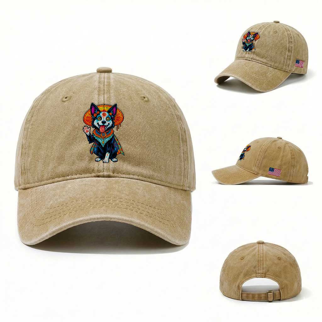 Dia De Los Muertos Border Collie Washed Cotton Baseball Cap Sugar Skull Dog Day Of The Dead Gift