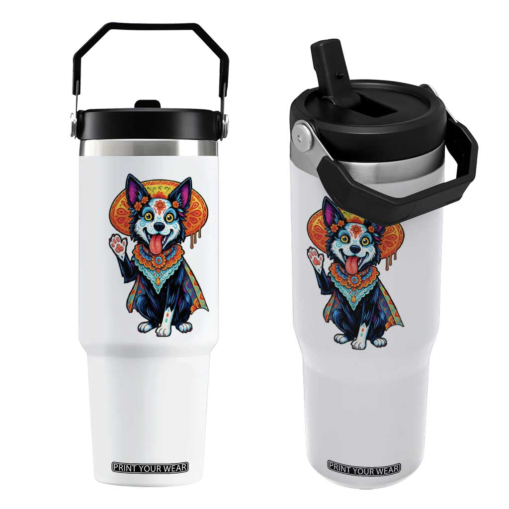 Dia De Los Muertos Border Collie Flip Straw Tumbler Sugar Skull Dog Day Of The Dead Gift TS12 One Size: 30 oz White Print Your Wear