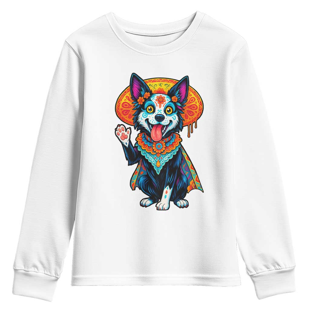 Dia De Los Muertos Border Collie Youth Sweatshirt Sugar Skull Dog Day Of The Dead Gift TS12 White Print Your Wear