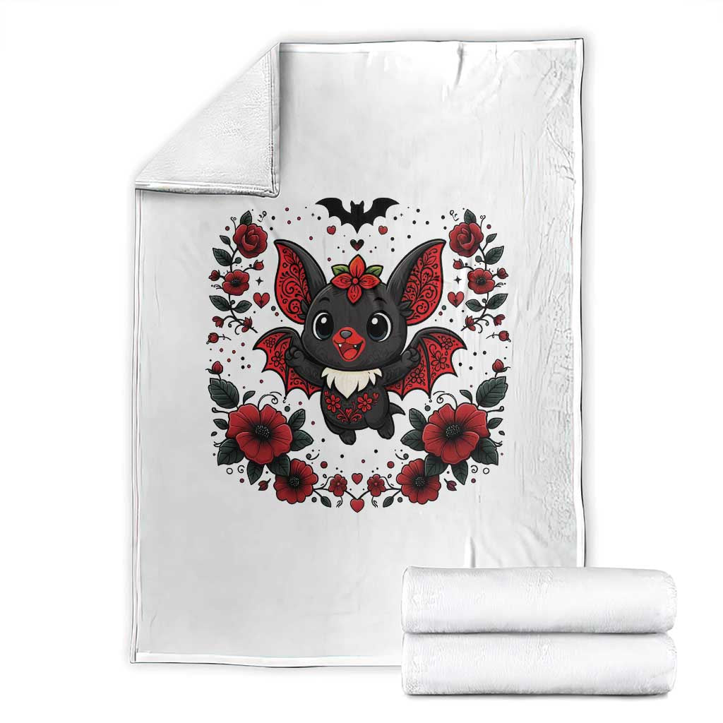Cute Bat Floral Folk Art Throw Blanket Gothic Spooky Dia De Los Muertos Gift TS12 White Print Your Wear