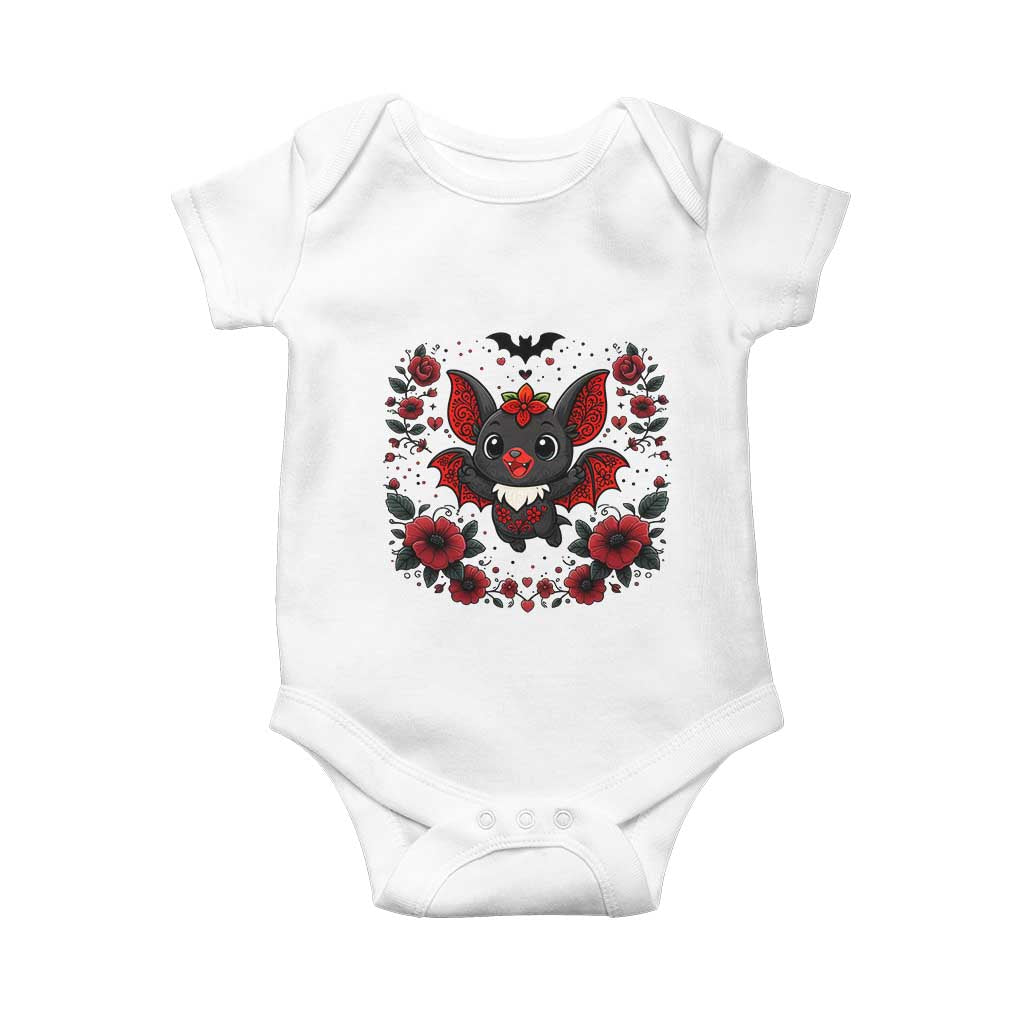 Cute Bat Floral Folk Art Baby Onesie Gothic Spooky Dia De Los Muertos Gift TS12 White Print Your Wear