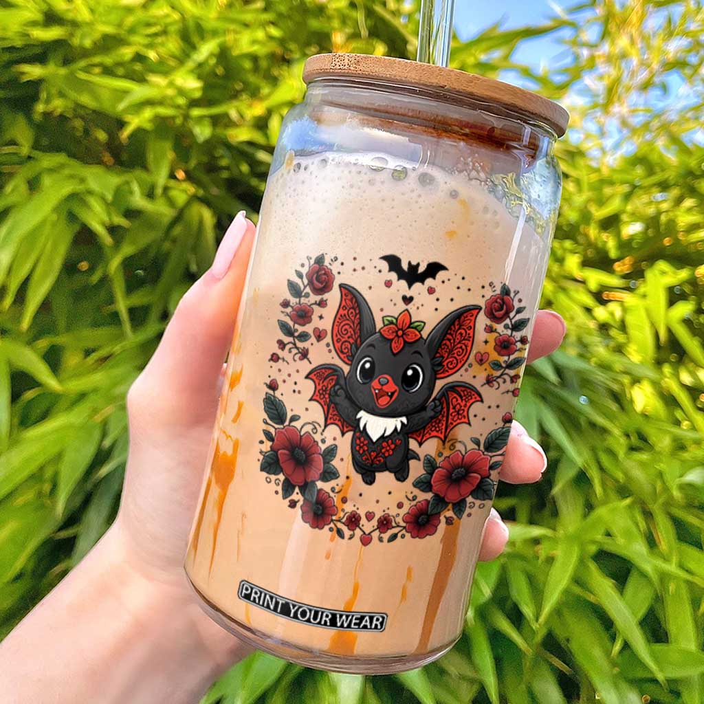 Cute Bat Floral Folk Art Glass Can Gothic Spooky Dia De Los Muertos Gift TS12 White Print Your Wear