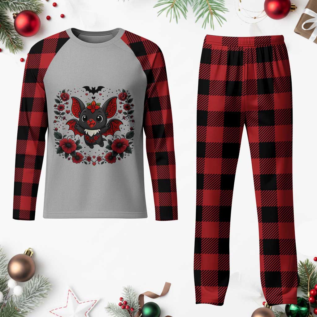 Cute Bat Floral Folk Art Plaid Pajama Set Gothic Spooky Dia De Los Muertos Gift TS12 Buffalo Plaid Print Your Wear