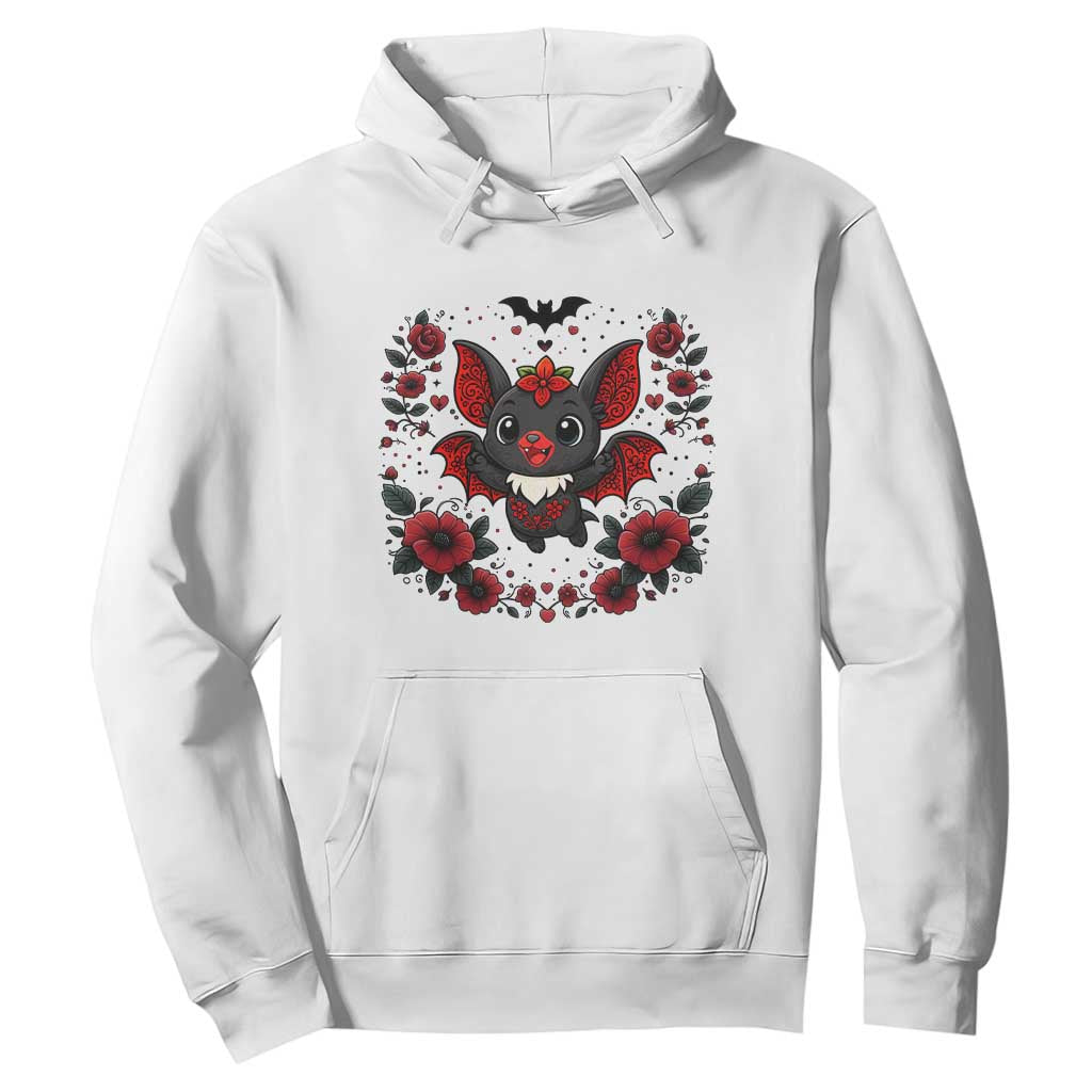 Cute Bat Floral Folk Art Hoodie Gothic Spooky Dia De Los Muertos Gift TS12 White Print Your Wear