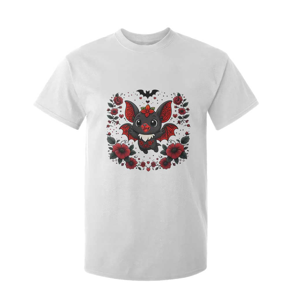 Cute Bat Floral Folk Art T Shirt For Kid Gothic Spooky Dia De Los Muertos Gift TS12 White Print Your Wear
