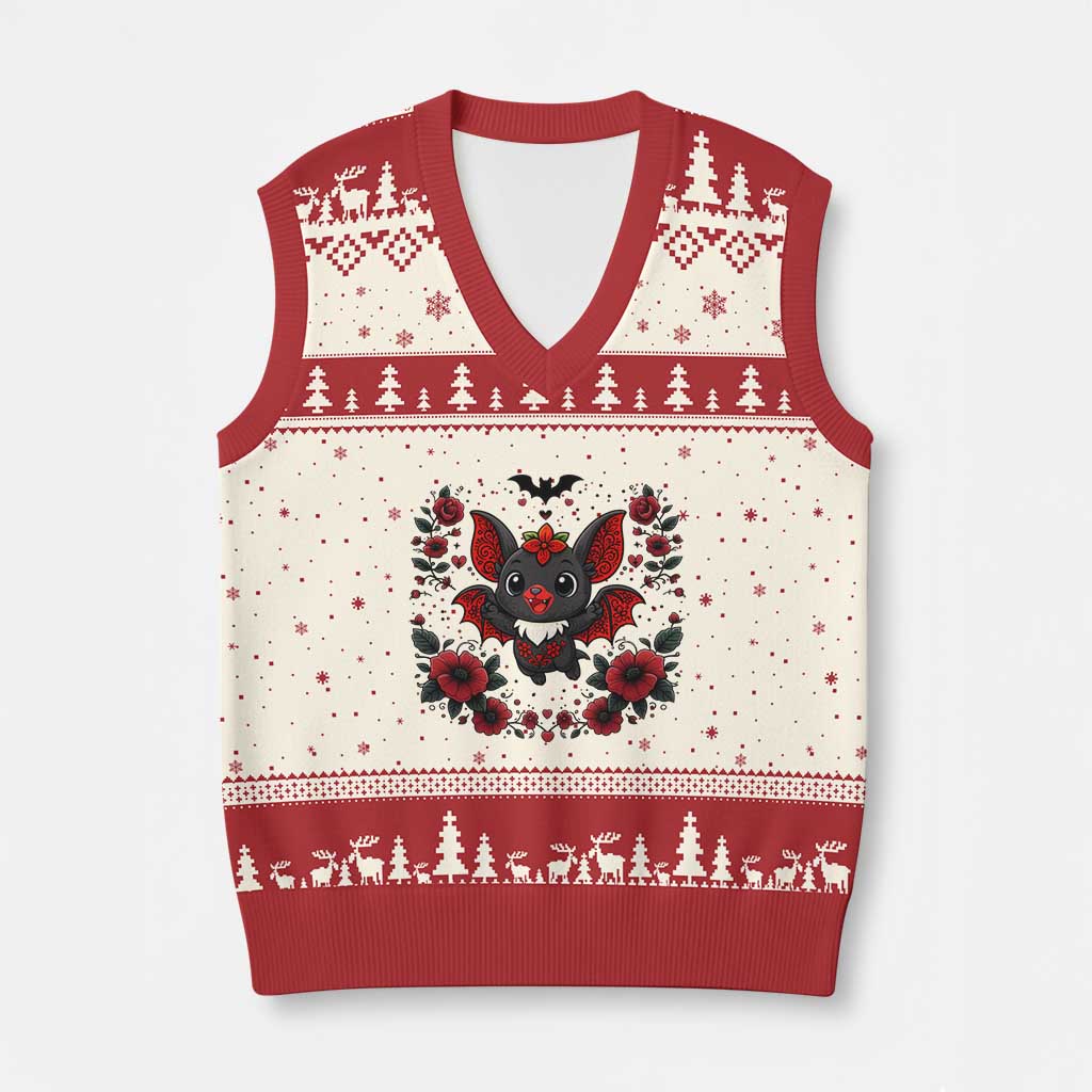 Cute Bat Floral Folk Art V-Neck Knit Sweater Vest Gothic Spooky Dia De Los Muertos Gift TS12 Beige Red Print Your Wear
