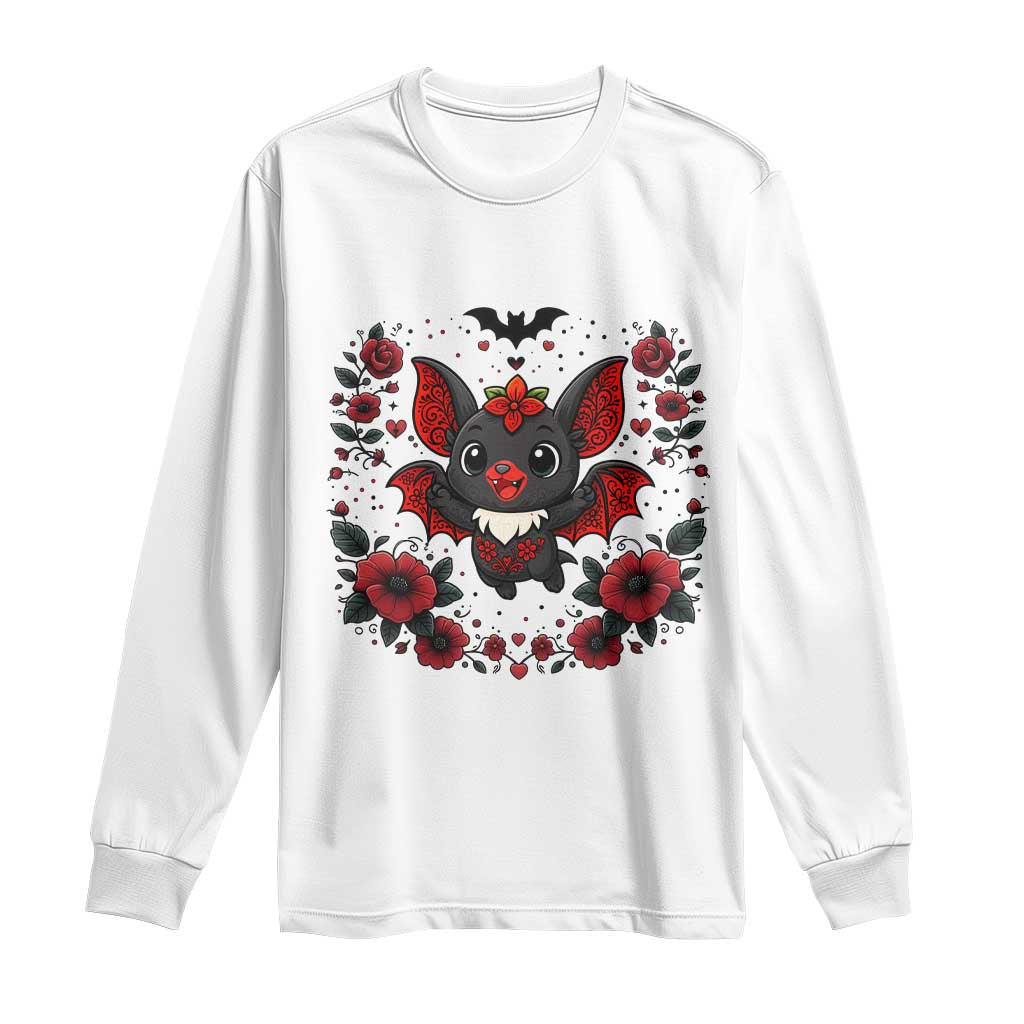Cute Bat Floral Folk Art Long Sleeve Shirt Gothic Spooky Dia De Los Muertos Gift TS12 White Print Your Wear