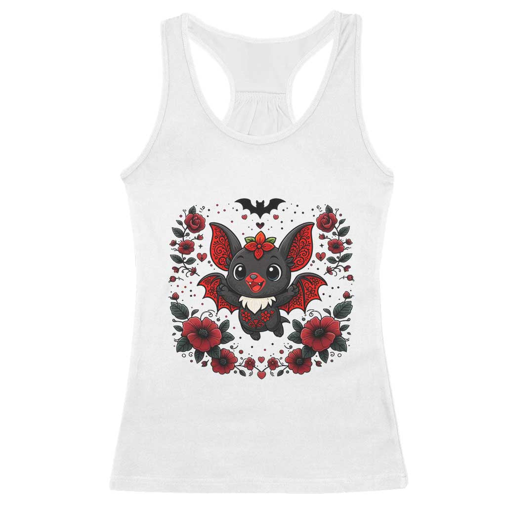 Cute Bat Floral Folk Art Racerback Tank Top Gothic Spooky Dia De Los Muertos Gift TS12 White Print Your Wear