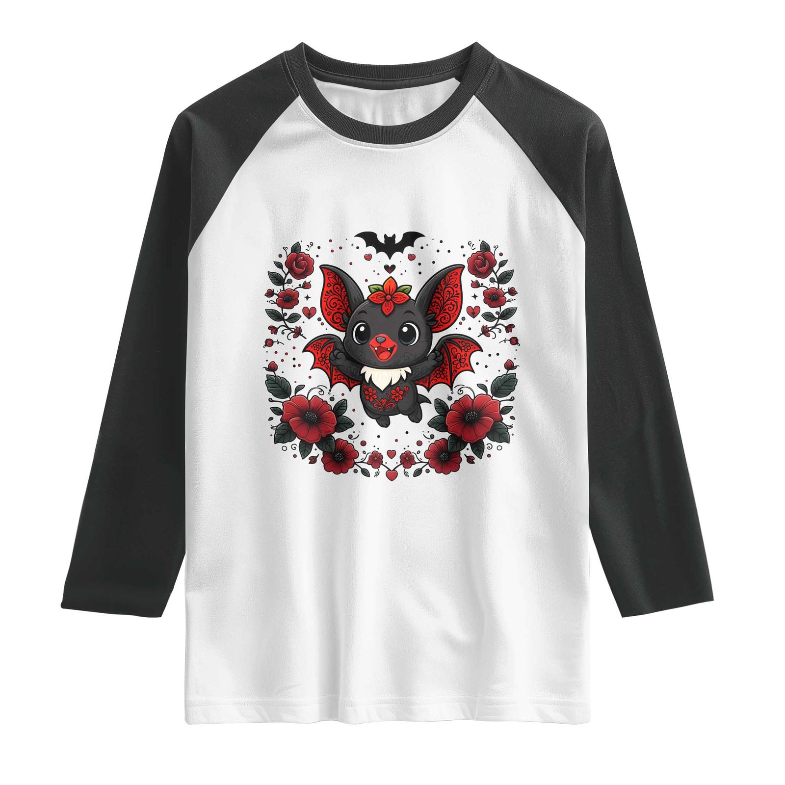Cute Bat Floral Folk Art Raglan Shirt Gothic Spooky Dia De Los Muertos Gift TS12 White Black Print Your Wear