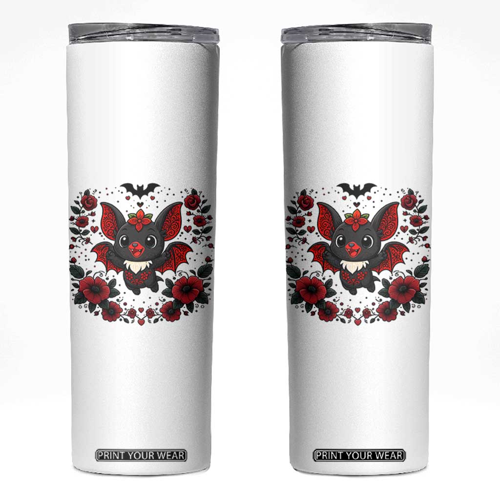 Cute Bat Floral Folk Art Skinny Tumbler Gothic Spooky Dia De Los Muertos Gift TS12 White Print Your Wear