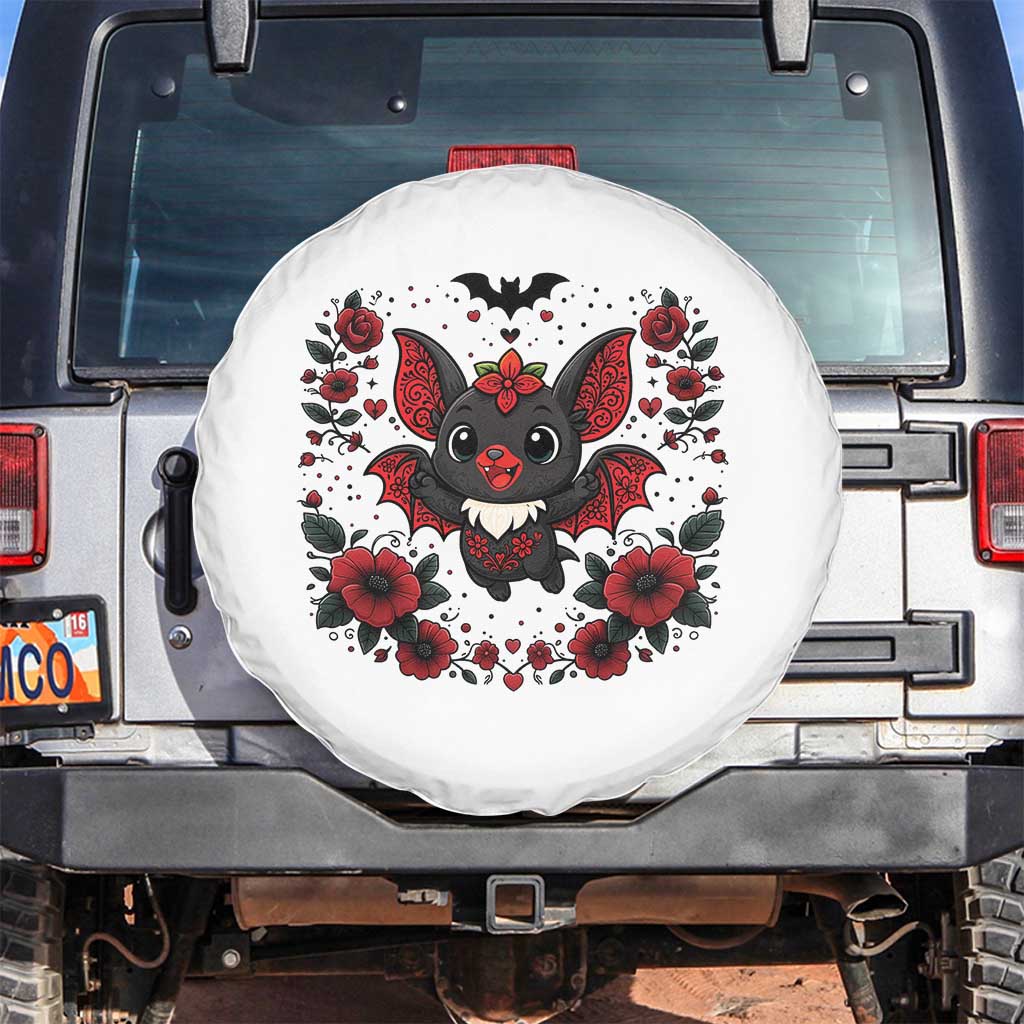 Cute Bat Floral Folk Art Spare Tire Cover Gothic Spooky Dia De Los Muertos Gift TS12 No hole White Print Your Wear
