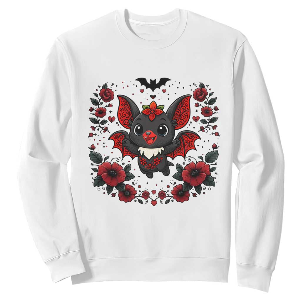 Cute Bat Floral Folk Art Sweatshirt Gothic Spooky Dia De Los Muertos Gift TS12 White Print Your Wear