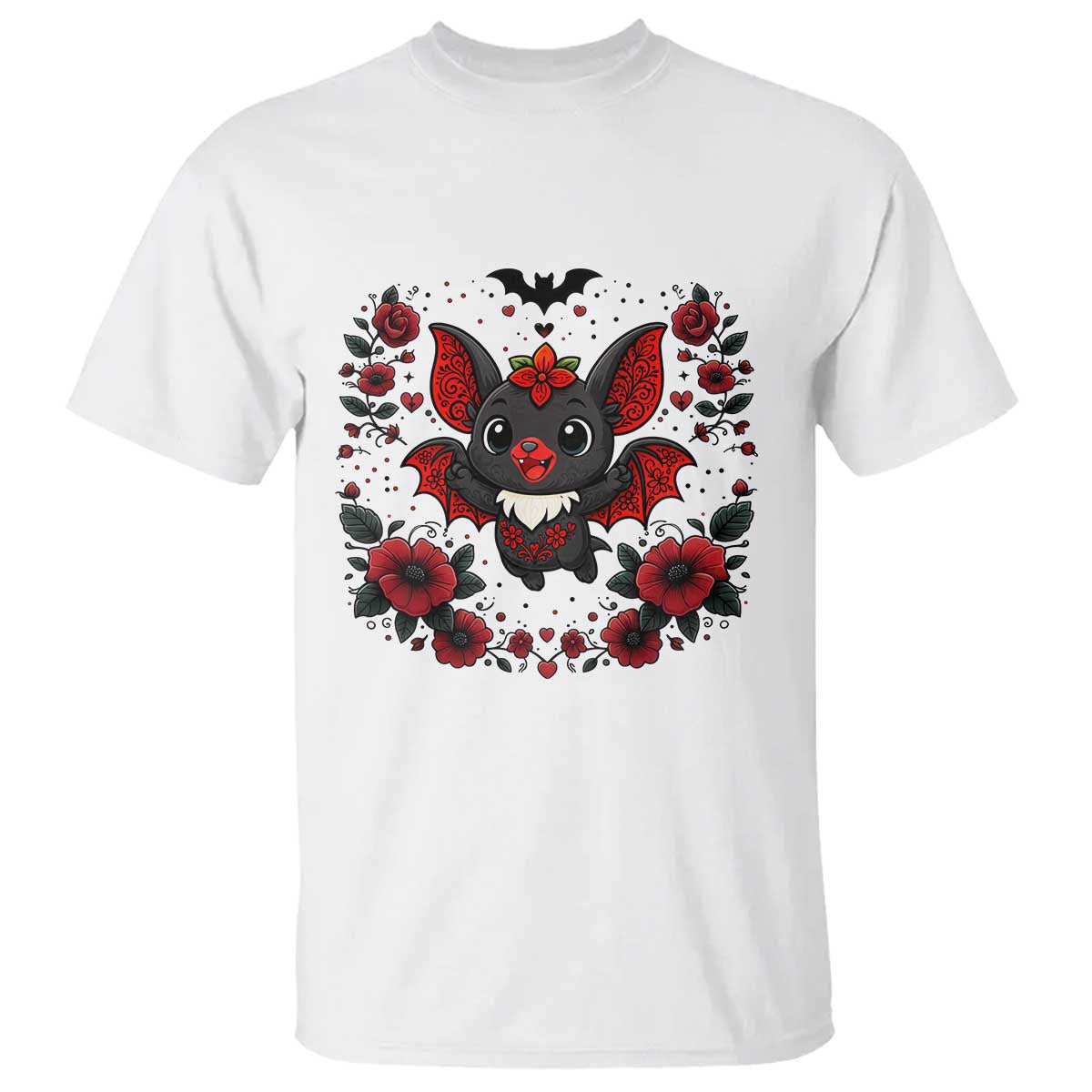 Cute Bat Floral Folk Art T Shirt Gothic Spooky Dia De Los Muertos Gift TS12 White Print Your Wear