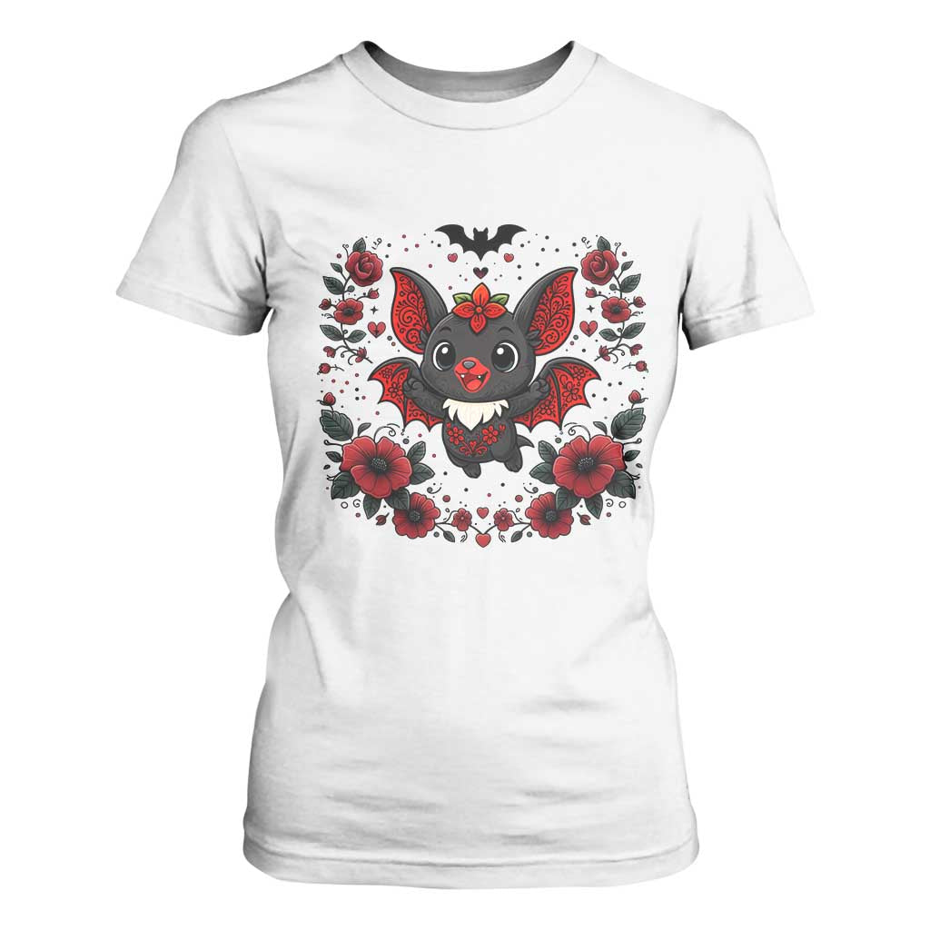 Cute Bat Floral Folk Art T Shirt For Women Gothic Spooky Dia De Los Muertos Gift TS12 White Print Your Wear