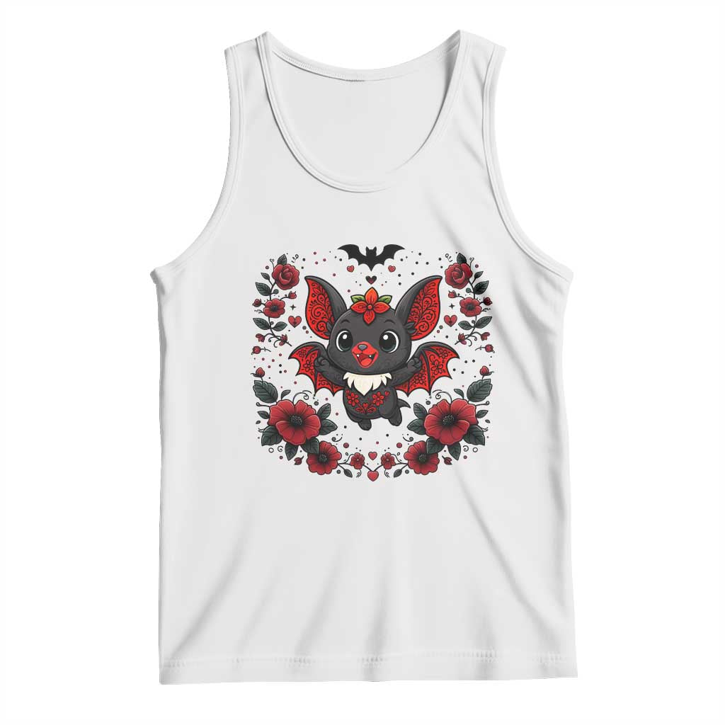 Cute Bat Floral Folk Art Tank Top Gothic Spooky Dia De Los Muertos Gift TS12 White Print Your Wear