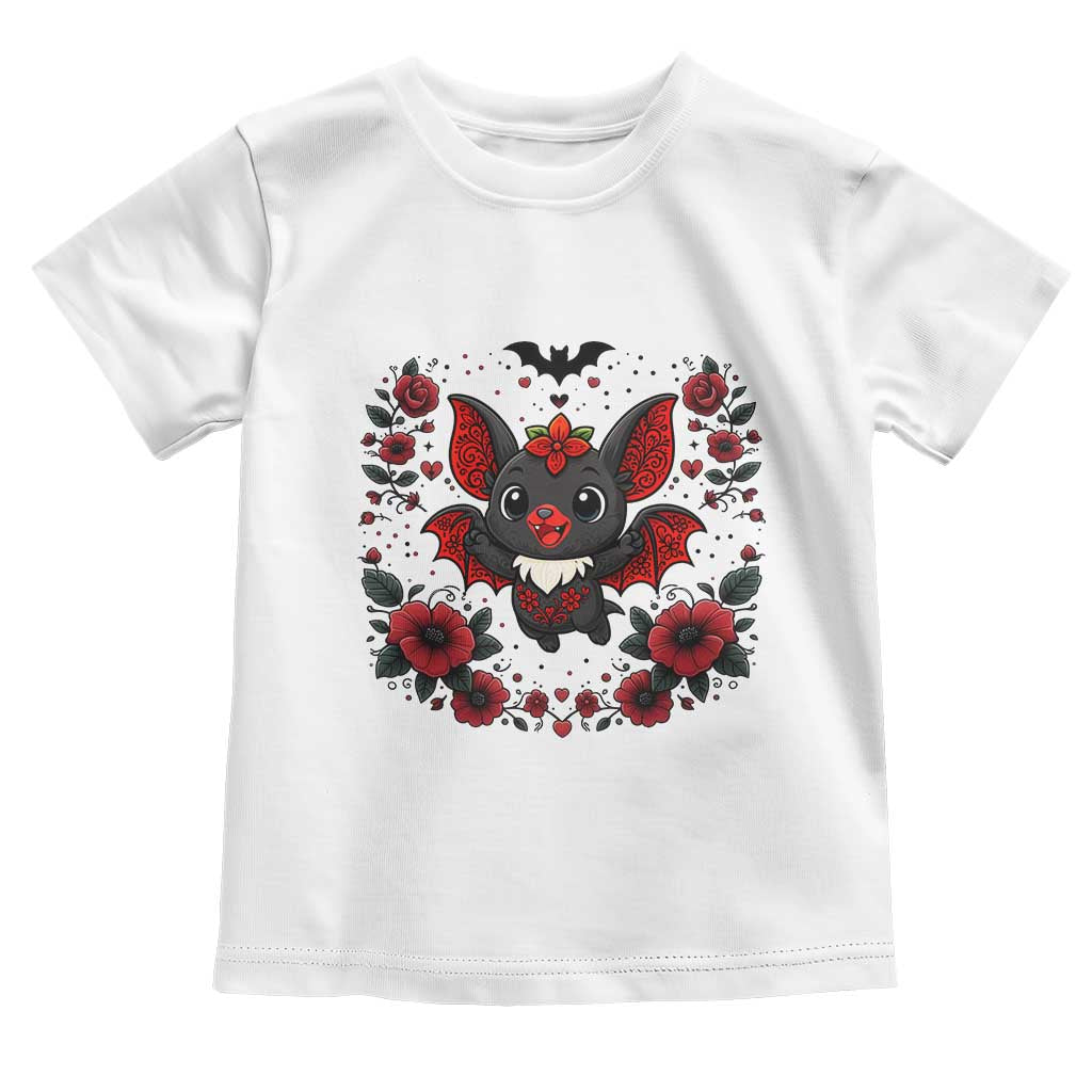 Cute Bat Floral Folk Art Toddler T Shirt Gothic Spooky Dia De Los Muertos Gift TS12 White Print Your Wear