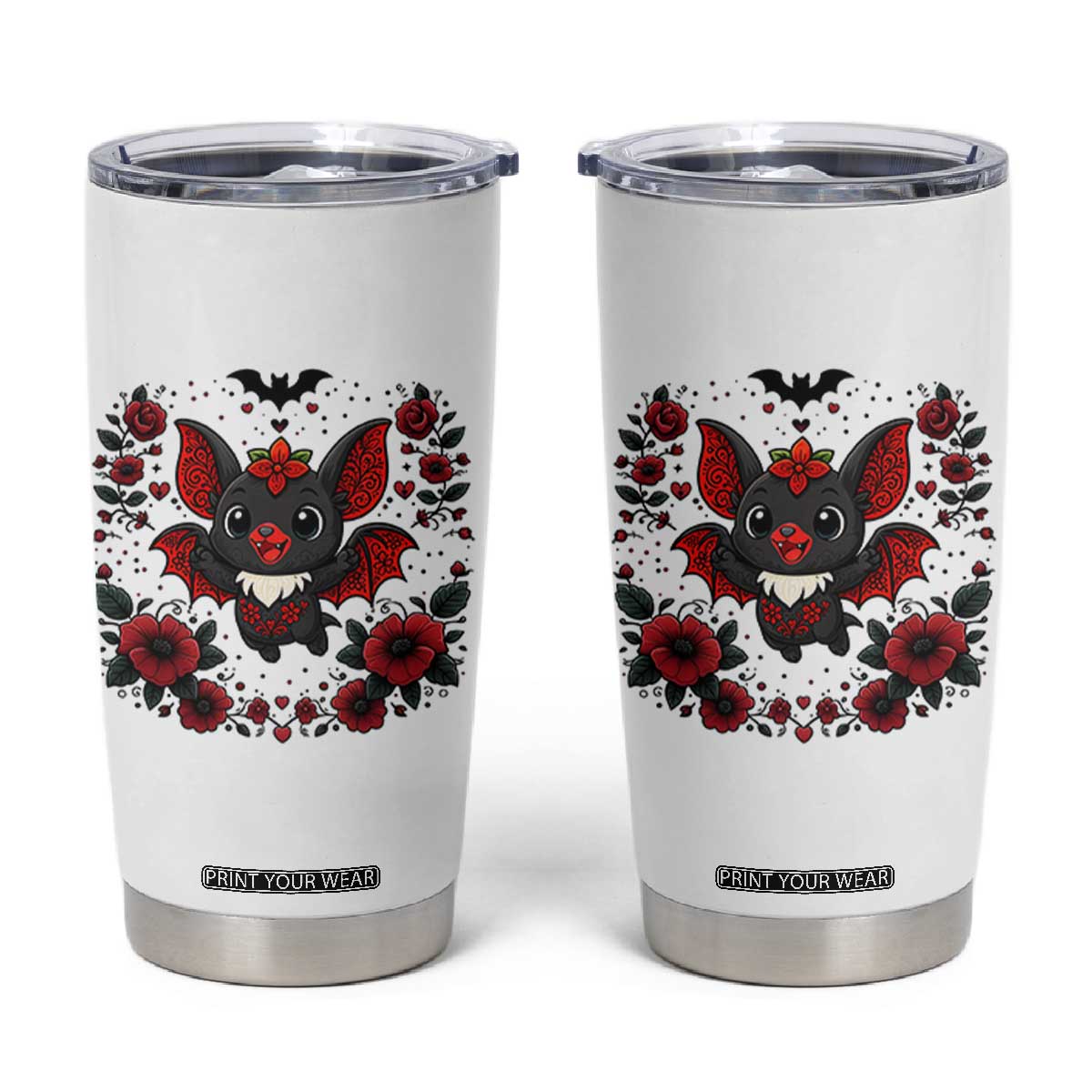 Cute Bat Floral Folk Art Tumbler Cup Gothic Spooky Dia De Los Muertos Gift TS12 White Print Your Wear