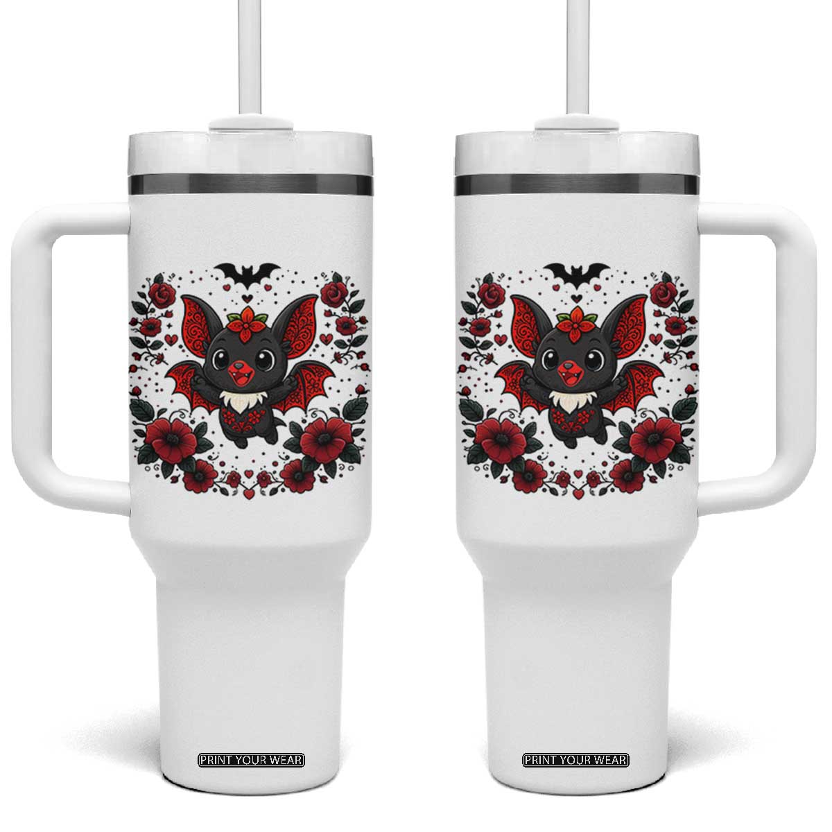 Cute Bat Floral Folk Art Tumbler With Handle Gothic Spooky Dia De Los Muertos Gift TS12 One Size: 40 oz White Print Your Wear