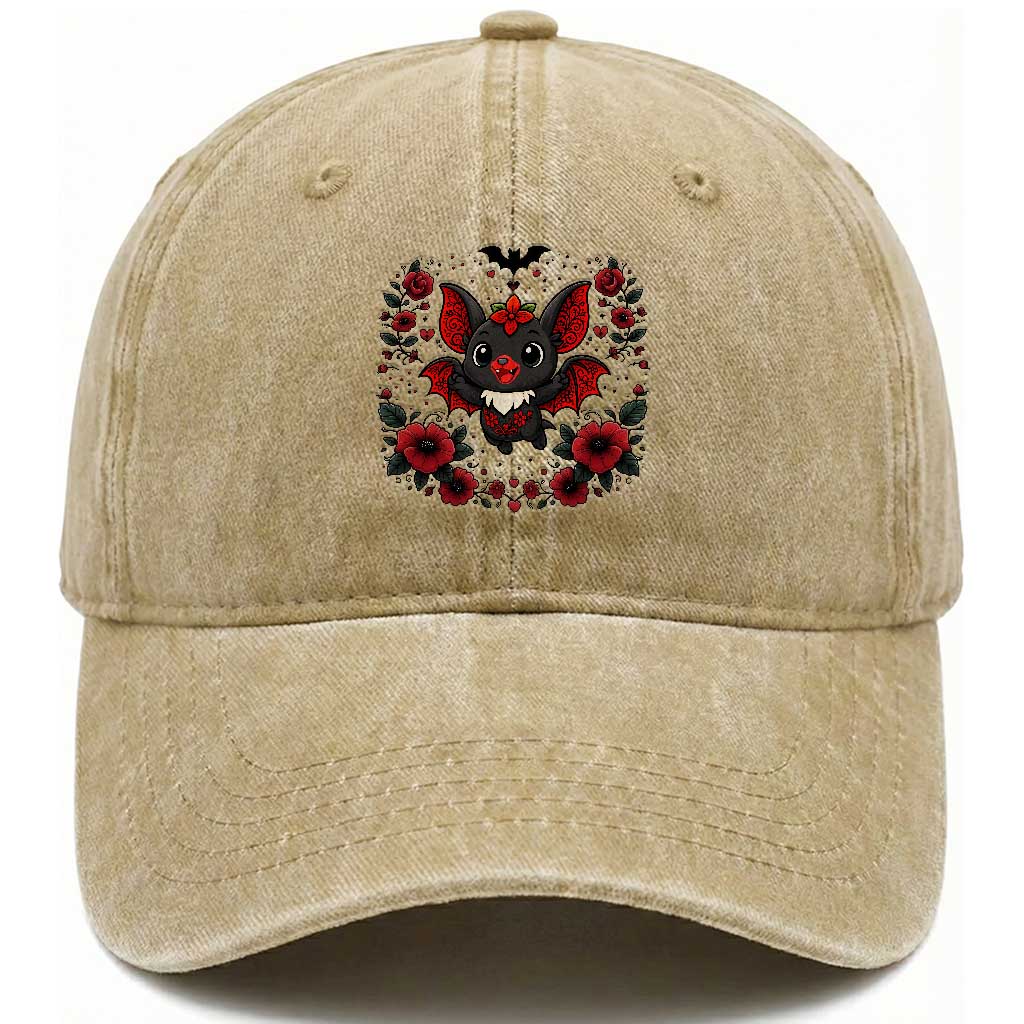 Cute Bat Floral Folk Art Washed Cotton Baseball Cap Gothic Spooky Dia De Los Muertos Gift TS12 Print Your Wear