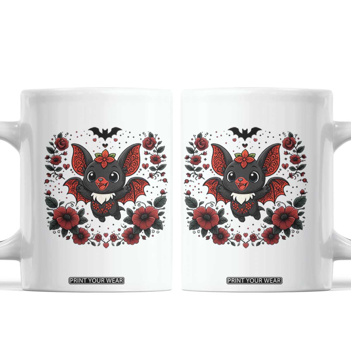 Cute Bat Floral Folk Art Coffee Mug Gothic Spooky Dia De Los Muertos Gift TS12 White Print Your Wear