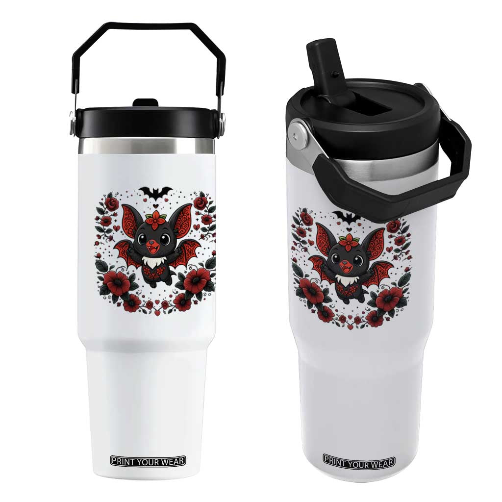 Cute Bat Floral Folk Art Flip Straw Tumbler Gothic Spooky Dia De Los Muertos Gift TS12 One Size: 30 oz White Print Your Wear
