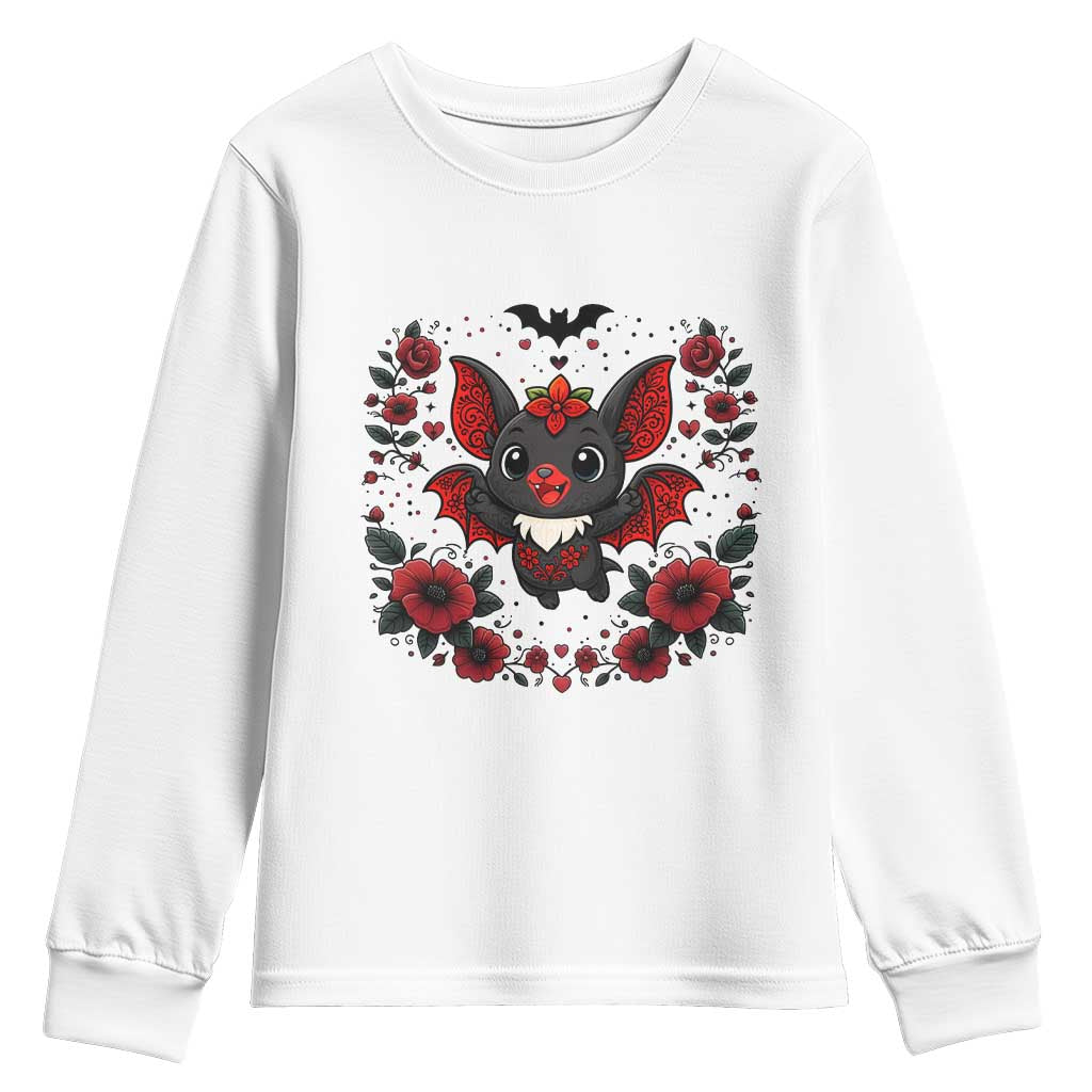Cute Bat Floral Folk Art Youth Sweatshirt Gothic Spooky Dia De Los Muertos Gift TS12 White Print Your Wear