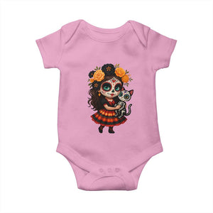 Day Of The Dead Latina Baby Onesie Cute Girl With Skeleton Kitten Floral Skull TS12 Light Pink Print Your Wear