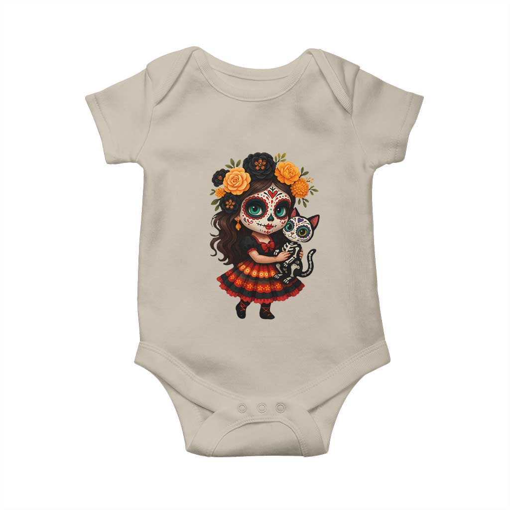 Day Of The Dead Latina Baby Onesie Cute Girl With Skeleton Kitten Floral Skull TS12 Sand Print Your Wear
