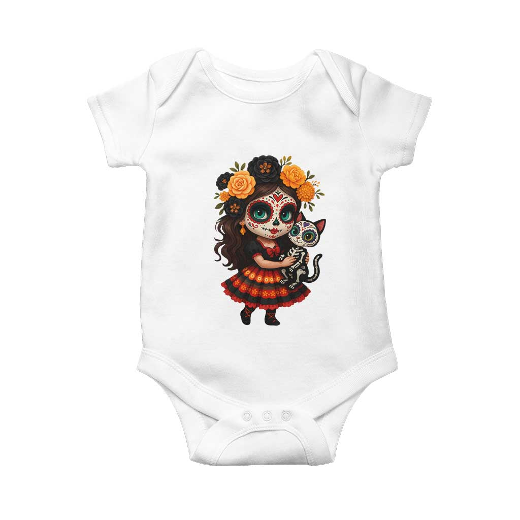 Day Of The Dead Latina Baby Onesie Cute Girl With Skeleton Kitten Floral Skull TS12 White Print Your Wear