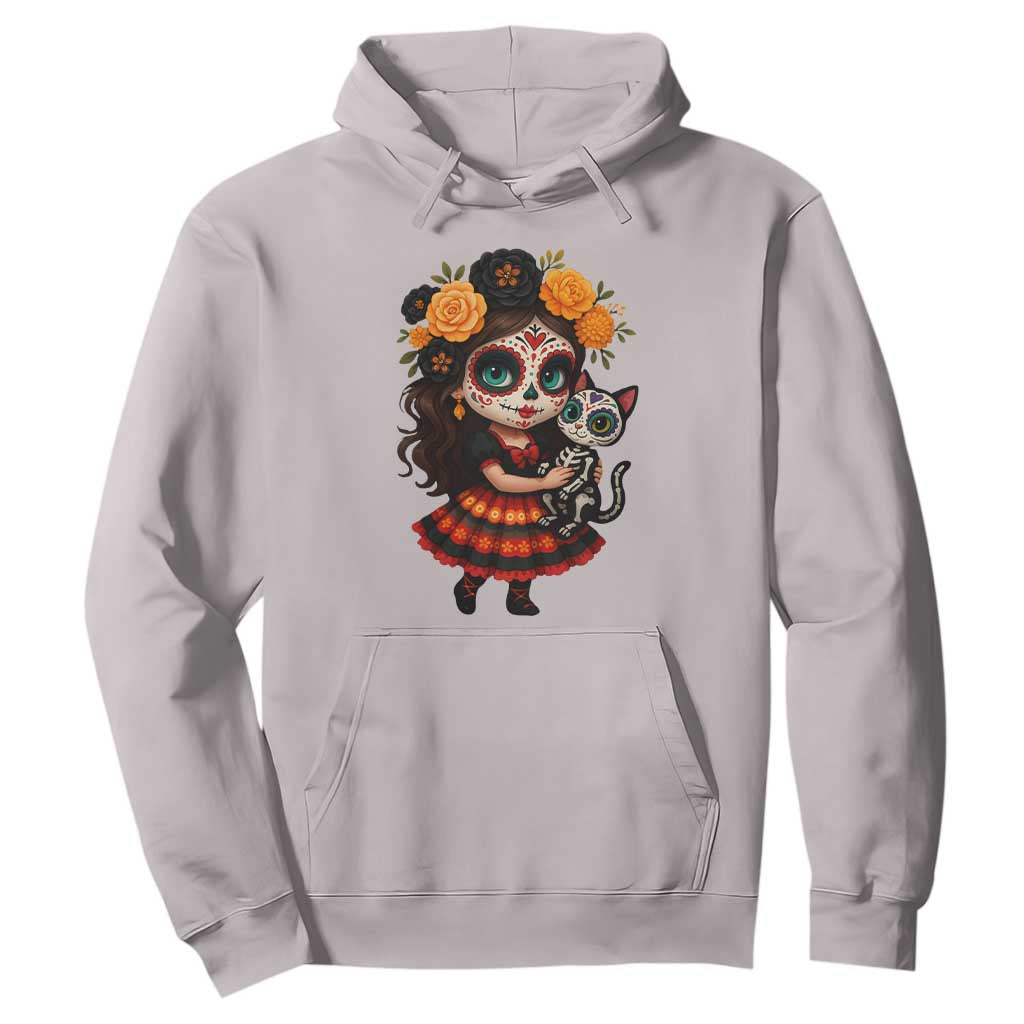 Day Of The Dead Latina Hoodie Cute Girl With Skeleton Kitten Floral Skull TS12 Ice Gray Print Your Wear