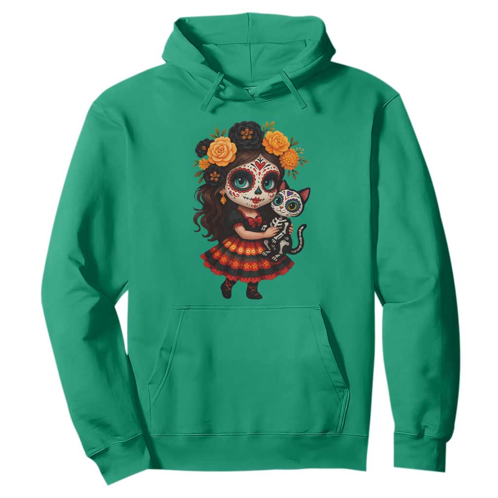 Day Of The Dead Latina Hoodie Cute Girl With Skeleton Kitten Floral Skull TS12 Irish Green Print Your Wear