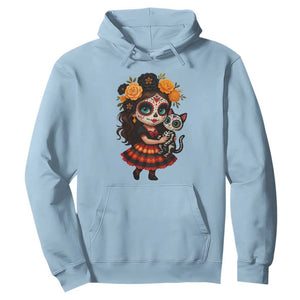 Day Of The Dead Latina Hoodie Cute Girl With Skeleton Kitten Floral Skull TS12 Light Blue Print Your Wear