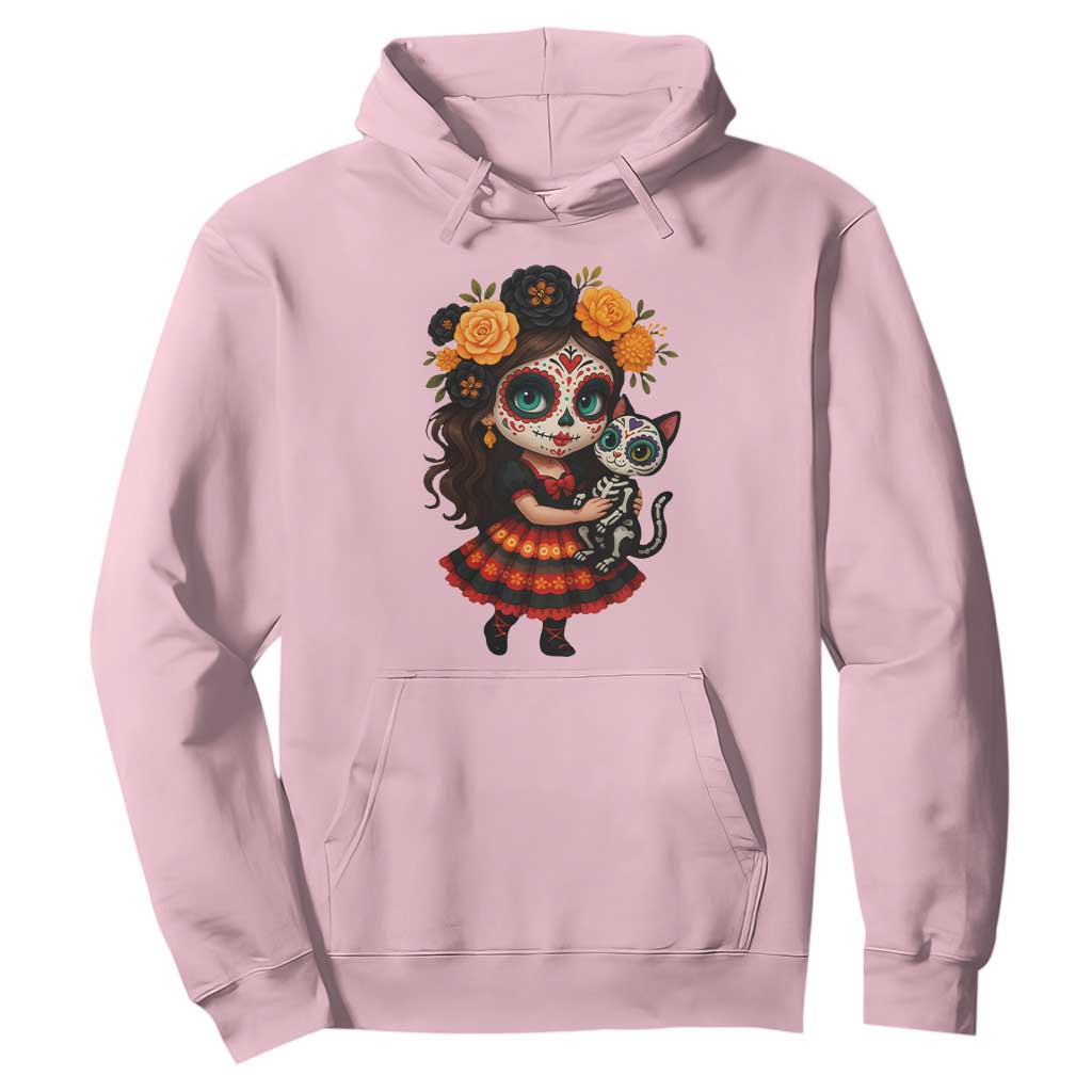 Day Of The Dead Latina Hoodie Cute Girl With Skeleton Kitten Floral Skull TS12 Light Pink Print Your Wear