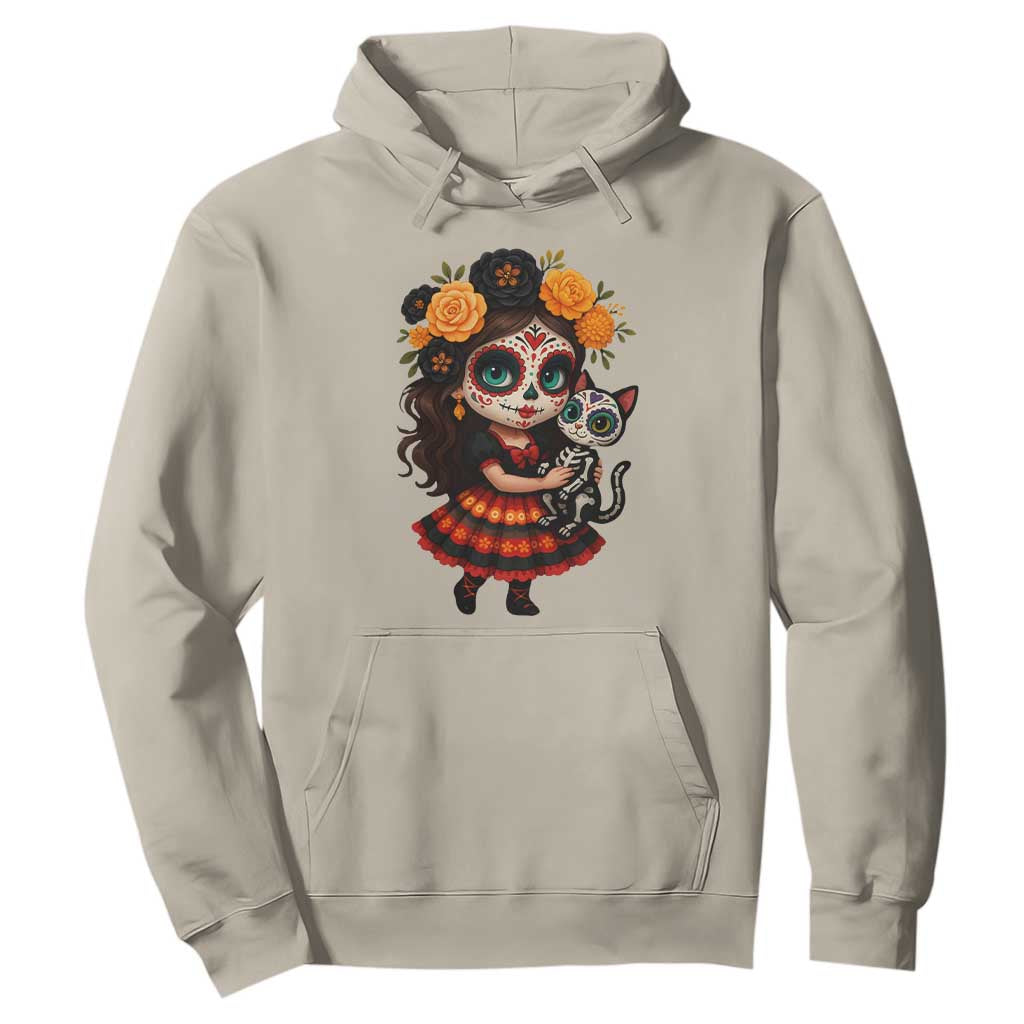 Day Of The Dead Latina Hoodie Cute Girl With Skeleton Kitten Floral Skull TS12 Sand Print Your Wear
