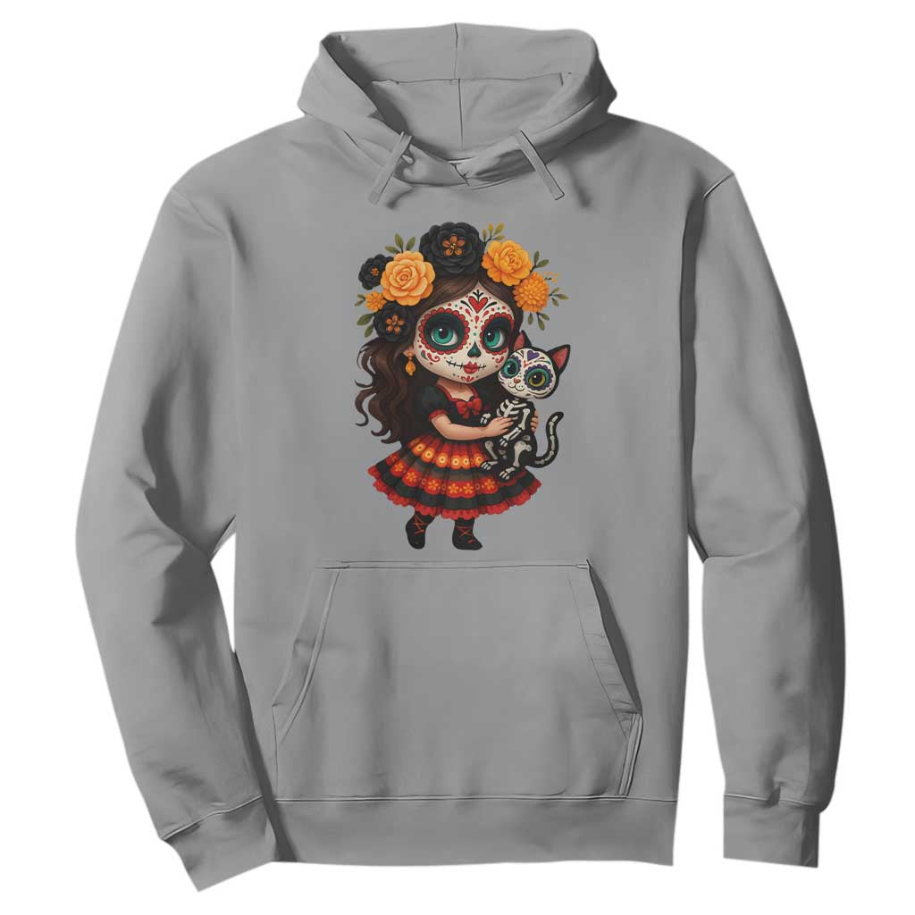 Day Of The Dead Latina Hoodie Cute Girl With Skeleton Kitten Floral Skull TS12 Sport Gray Print Your Wear