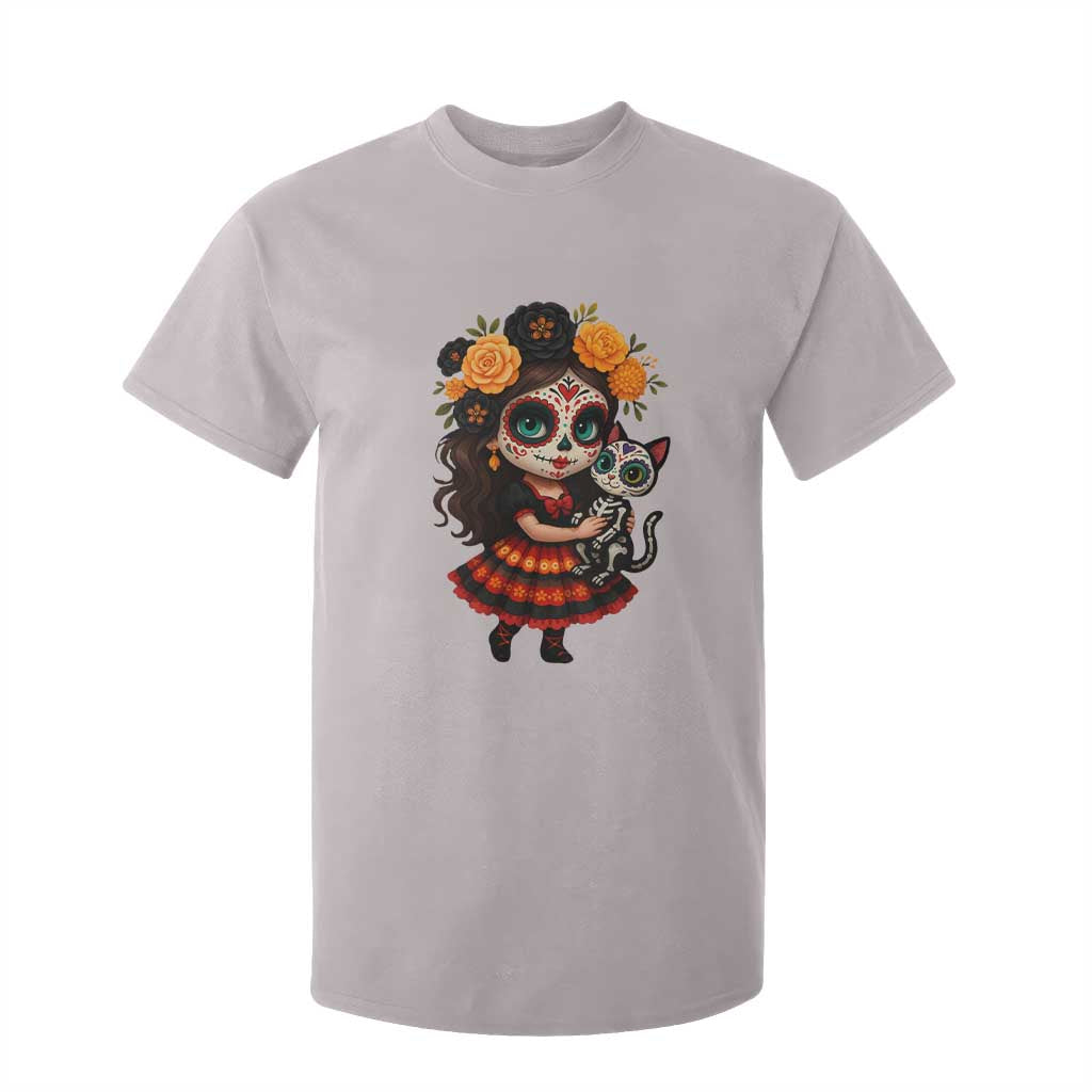 Day Of The Dead Latina T Shirt For Kid Cute Girl With Skeleton Kitten Floral Skull TS12 Ice Gray Print Your Wear