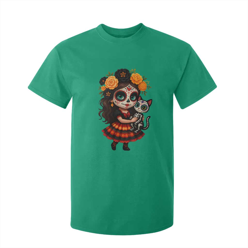 Day Of The Dead Latina T Shirt For Kid Cute Girl With Skeleton Kitten Floral Skull TS12 Irish Green Print Your Wear